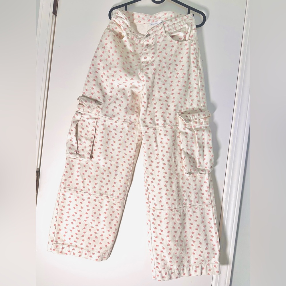Altar'd State Cream cargo jeans with Pink Floral Design